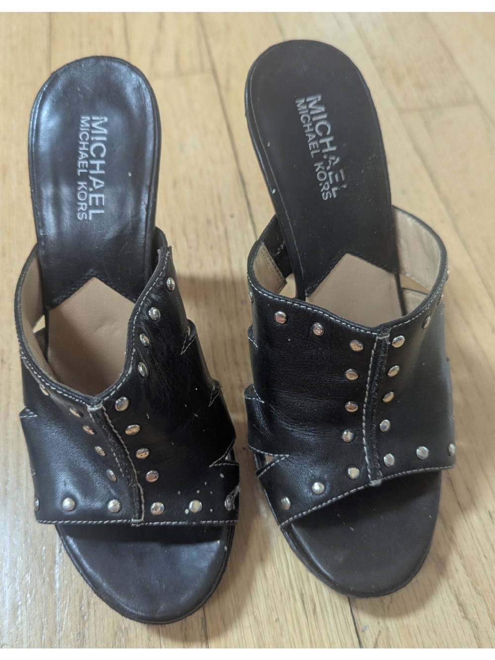Michael Kors Black Leather Studded Mule Slides 5.5